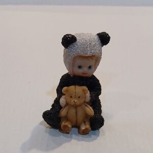 Vintage Figurine Child In Adorable Panda Outfit with Teddy Bear
